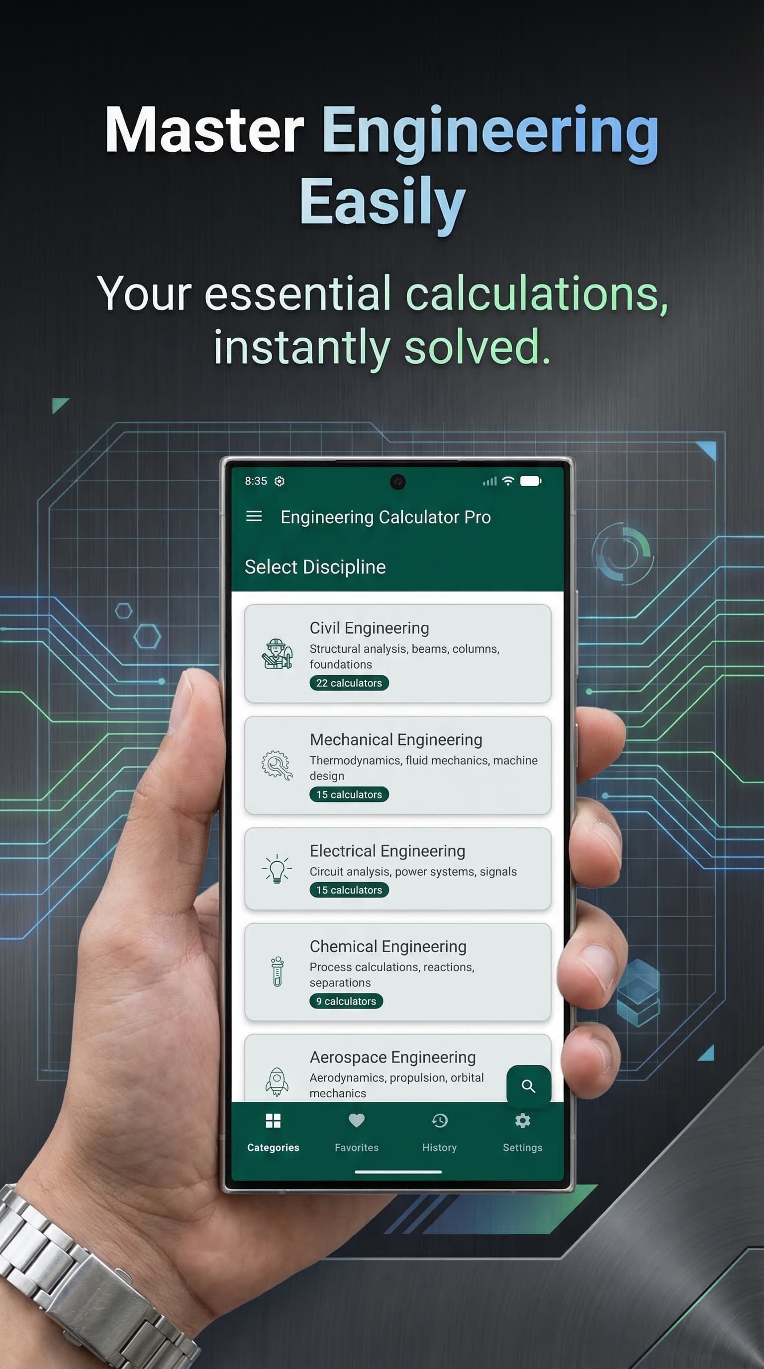 Engineering Calculator Pro — 13 Engineering Disciplines dashboard