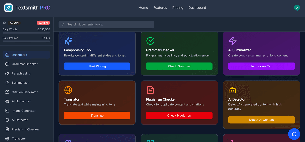 Textsmith Pro Dashboard - AI-powered writing and editing tools