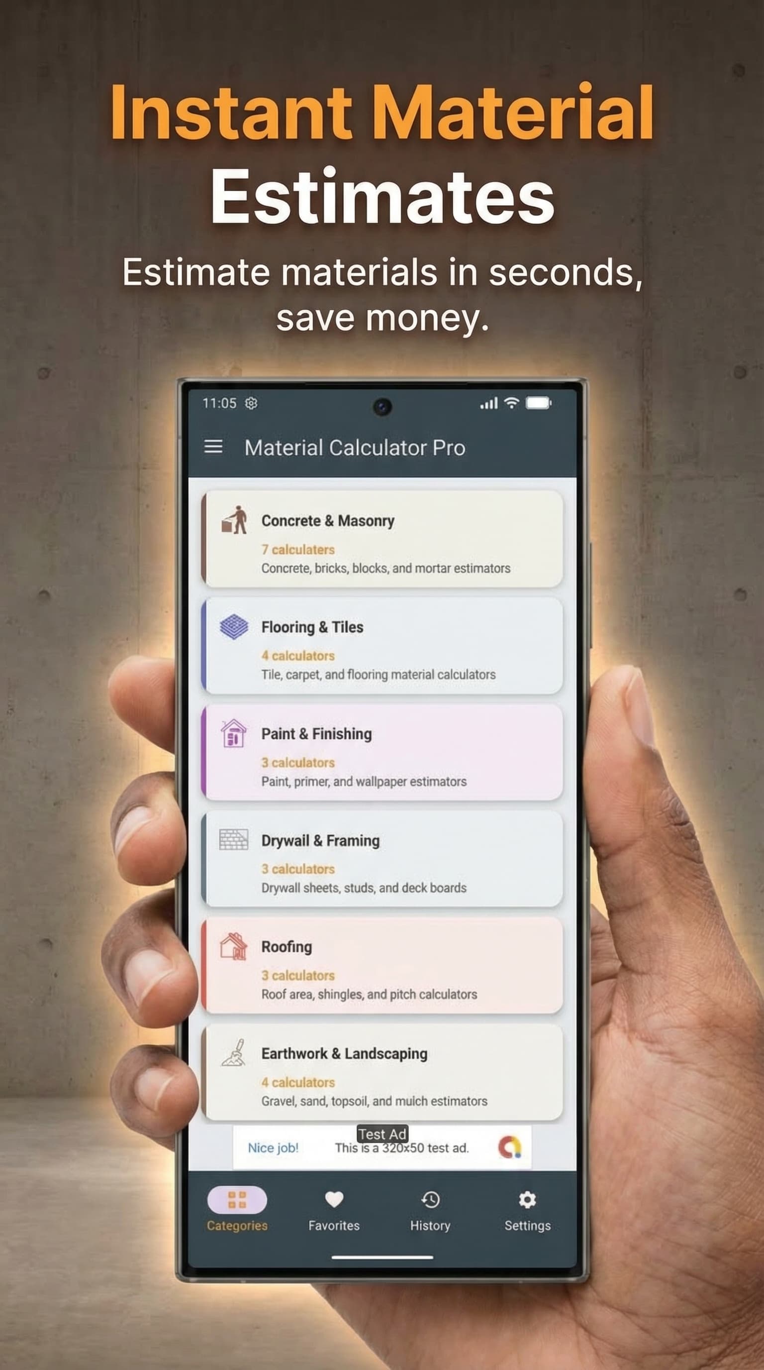 Material Calculator Pro — 8 categories dashboard